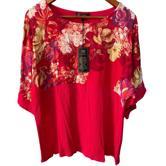 Diane Gilman DG2 Bright Pink Floral Crinkle Short Sleeve Blouse - Size Small NWT - Picture 1 of 10